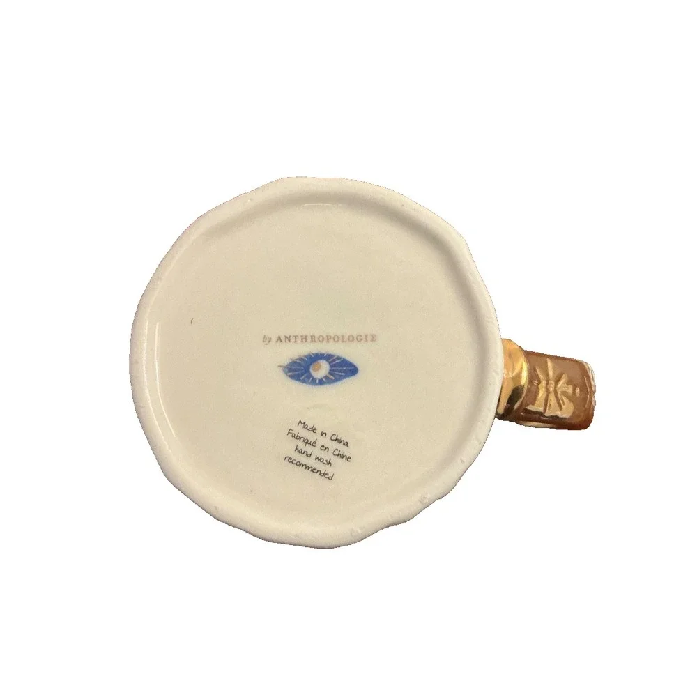 Anthropologie Mug Evil Eye Blue White Gold Handle Ceramic Coffee Cup